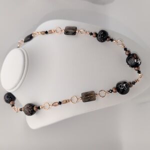 Handmade Lampwork Black & Bronze Glass & Smokey Quartz Beaded Necklace 16.5"